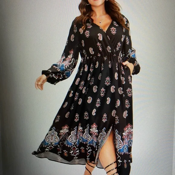 Black Paisley Pocket Wrap Maxi Dress. Size 14-16/1X
